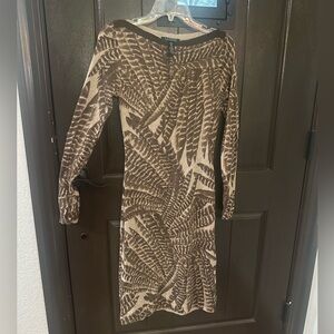 Ralph Lauren Brown  feathers Print Midi Dress cashmere & silk blend